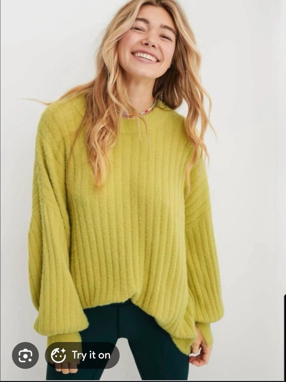 Aerie Oh Snow Ribbed Crewneck Sweater in Chartreuse
